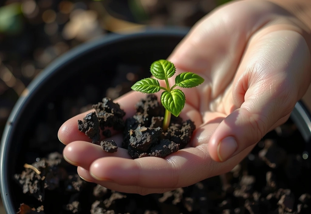 A hand gently holding a sprouting plant, symbolizing growth, nature, and care.