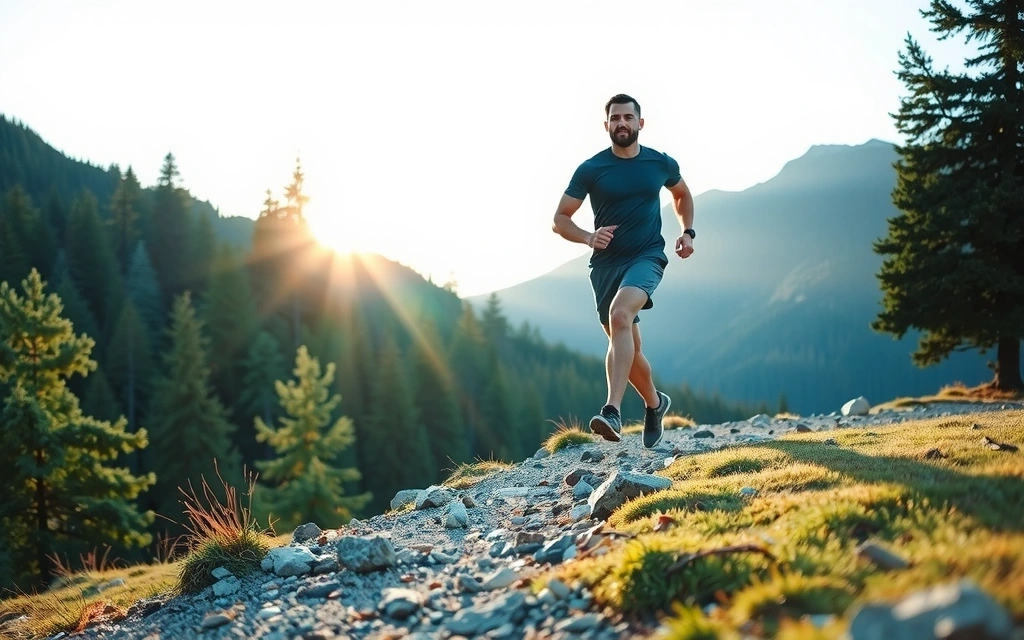 An active man hiking in a serene, forested mountain landscape, symbolizing vitality and health.