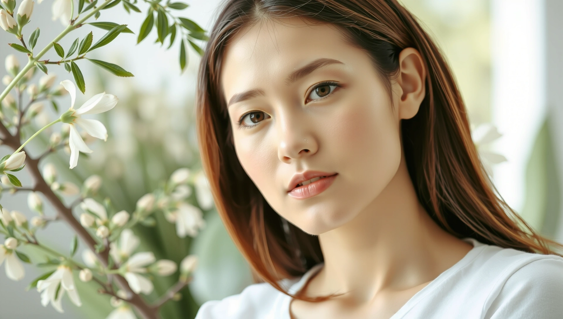 Serene woman with glowing skin, soft light, natural beauty